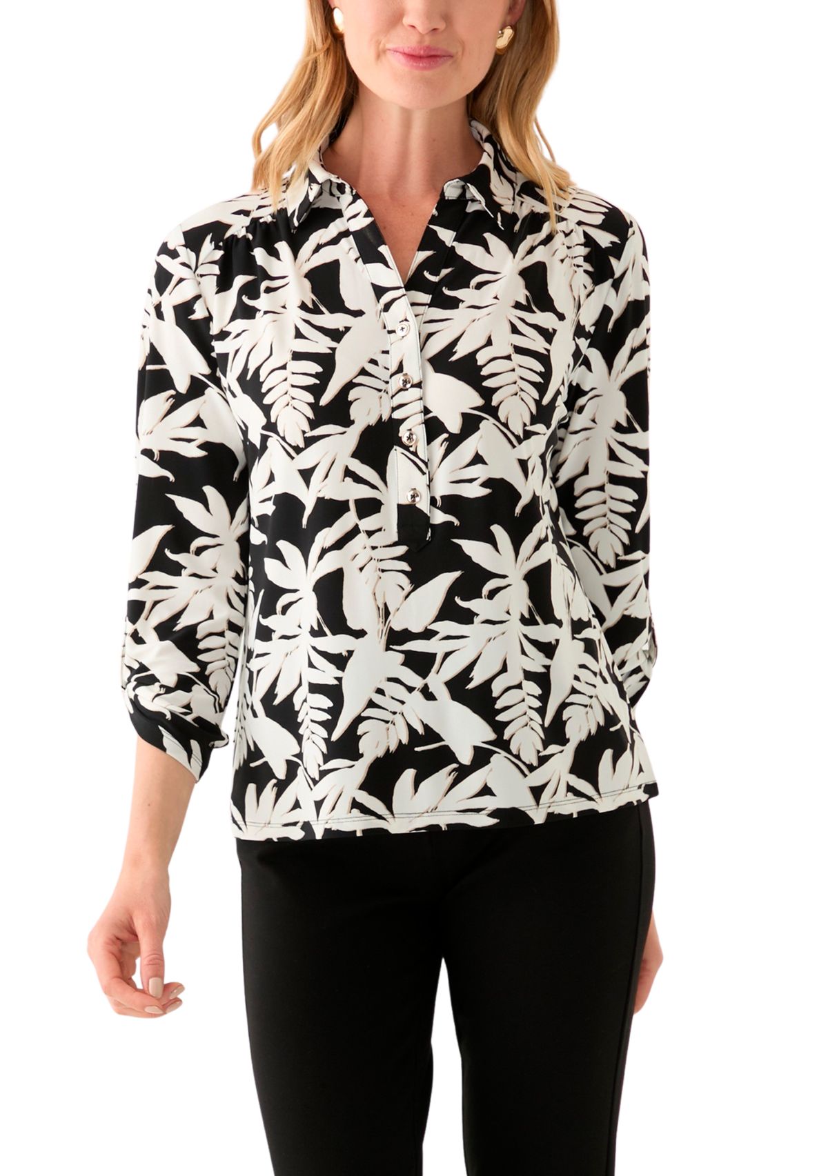 Petite 3/4 Roll Tab Sleeve Printed Collared Blouse