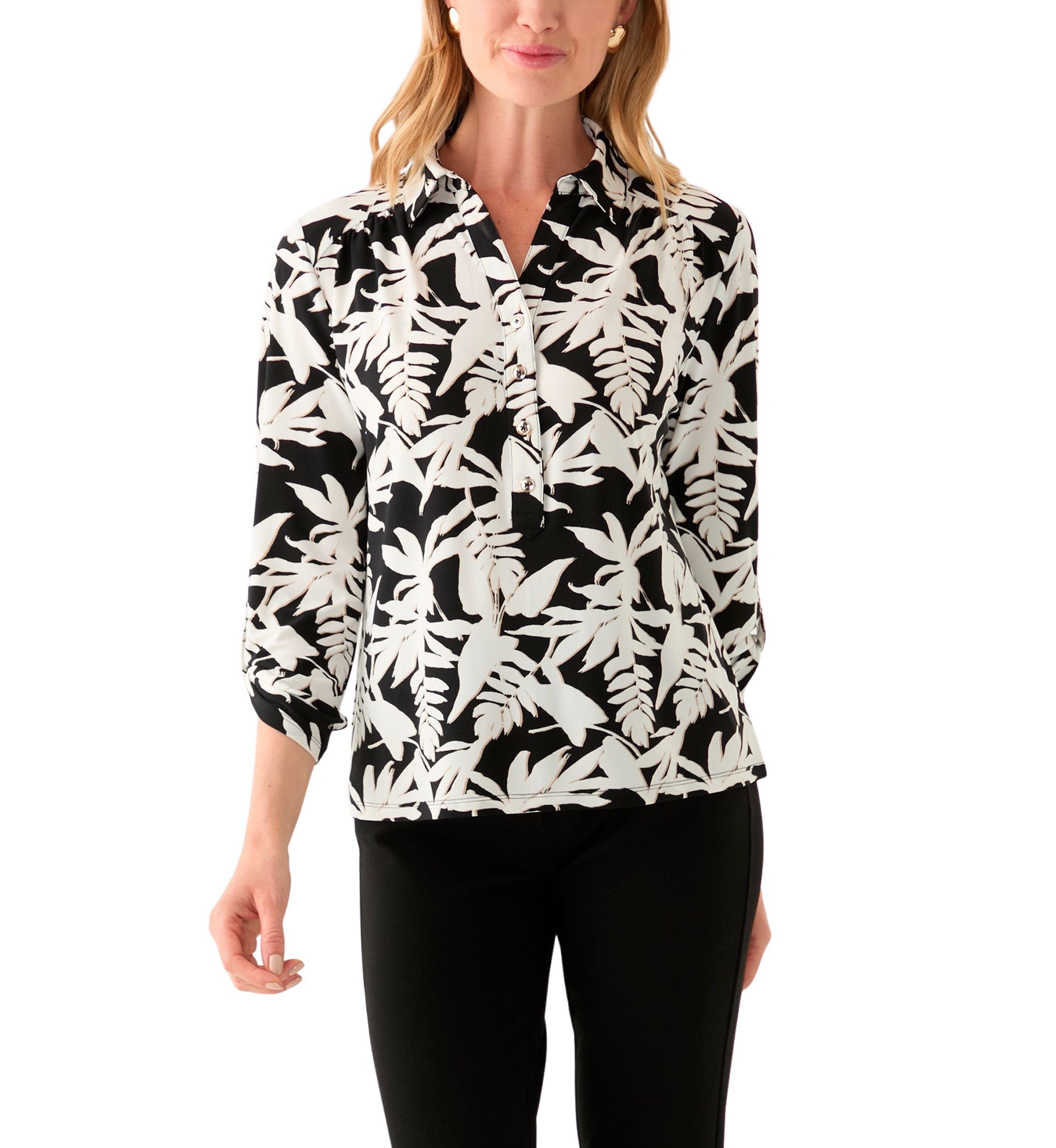 Petite 3/4 Roll Tab Sleeve Printed Collared Blouse