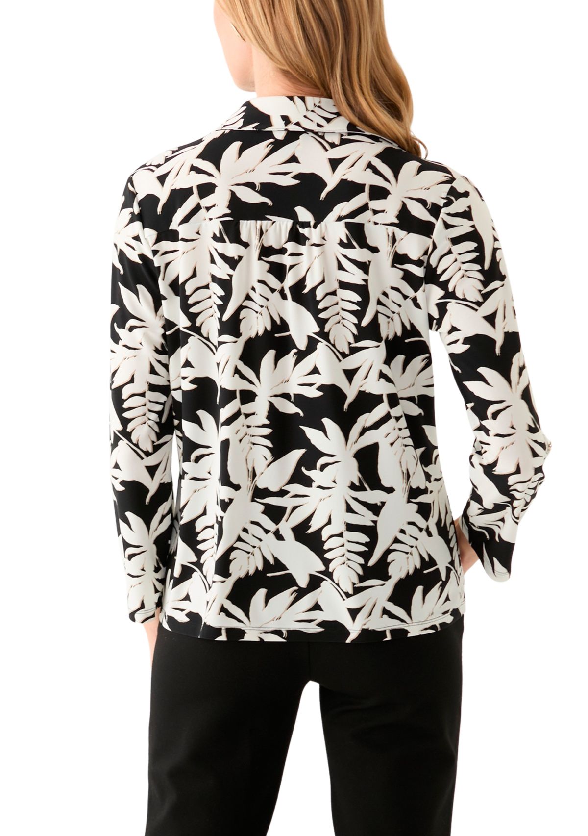 Petite 3/4 Roll Tab Sleeve Printed Collared Blouse