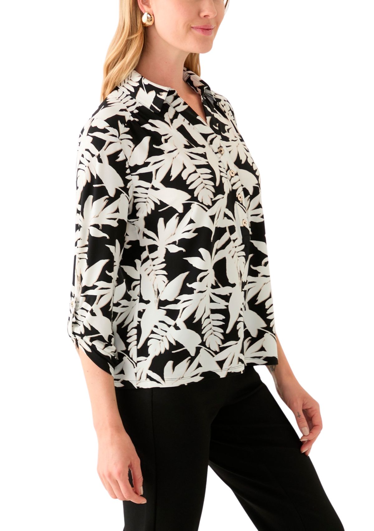 Petite 3/4 Roll Tab Sleeve Printed Collared Blouse