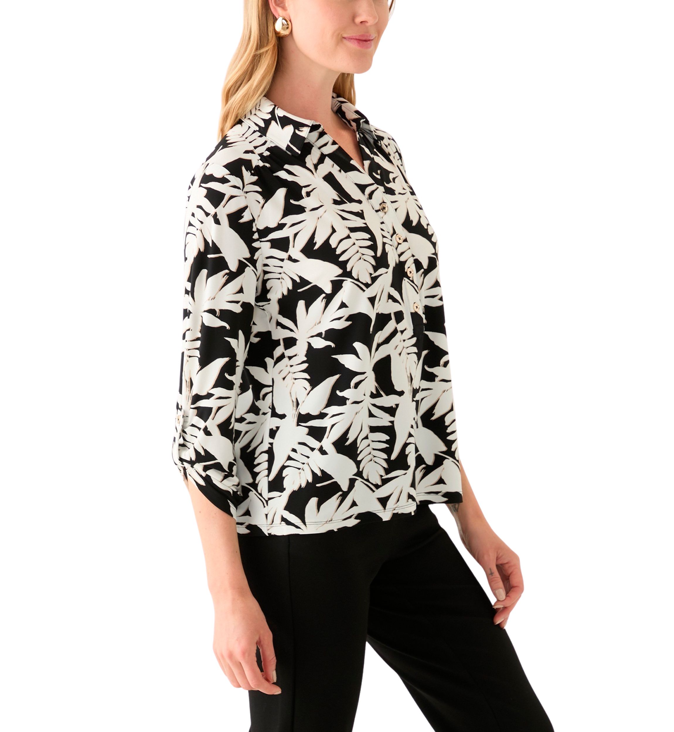Petite 3/4 Roll Tab Sleeve Printed Collared Blouse