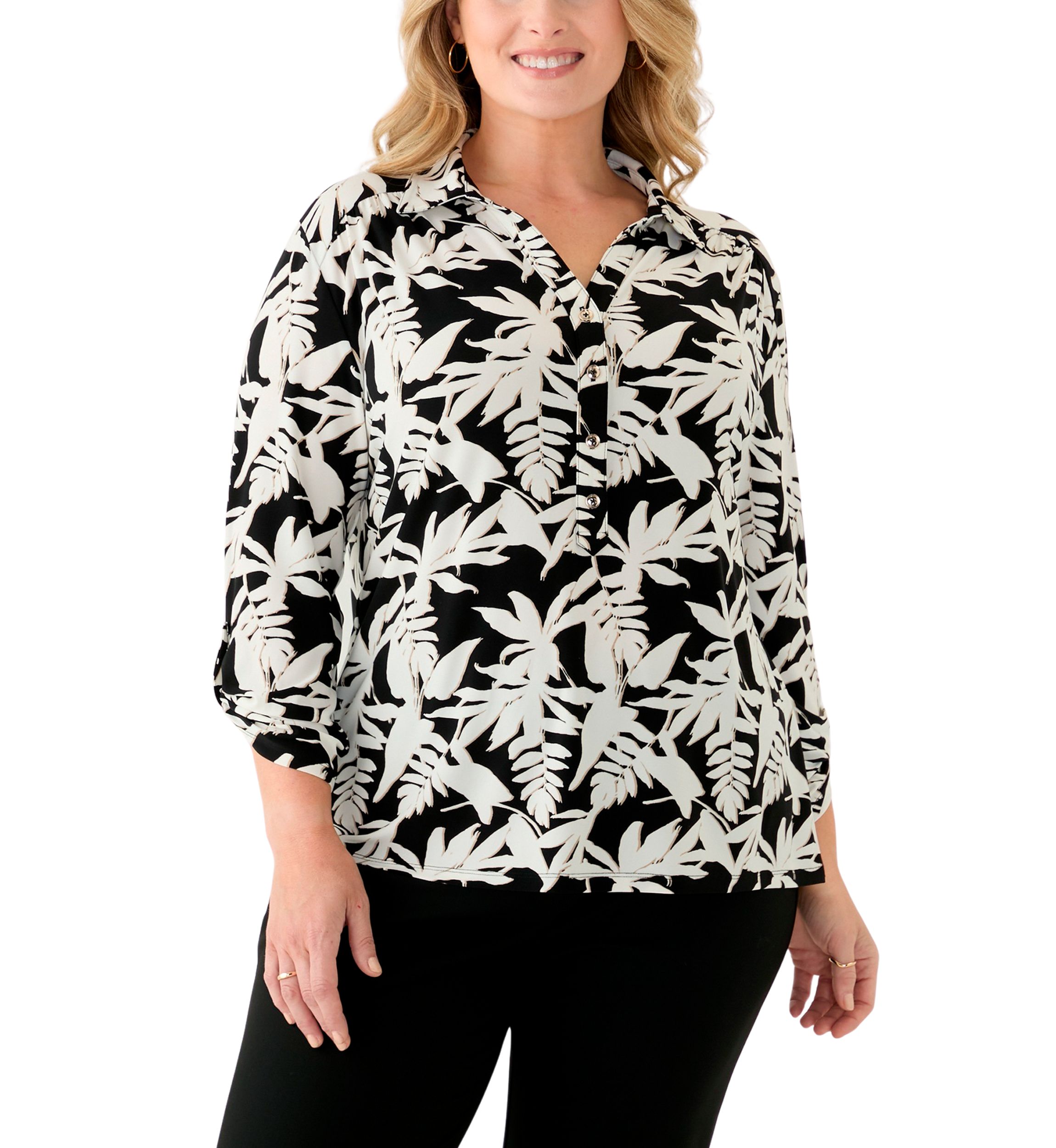 Plus Size 3/4 Sleeve Button Down Blouse