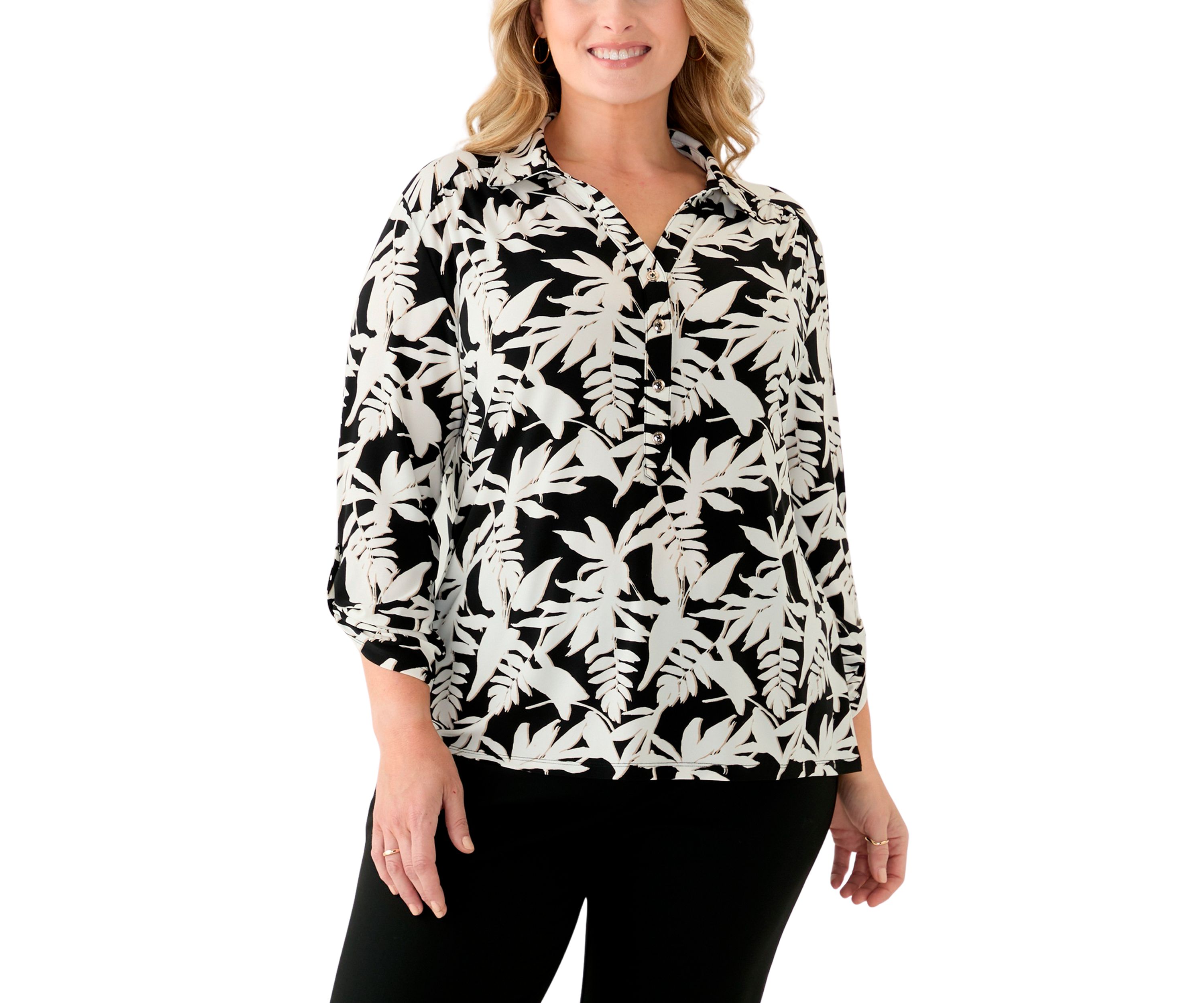 Plus Size 3/4 Sleeve Button Down Blouse