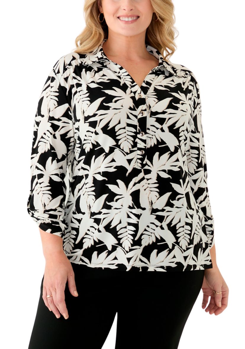 Plus Size 3/4 Sleeve Button Down Blouse