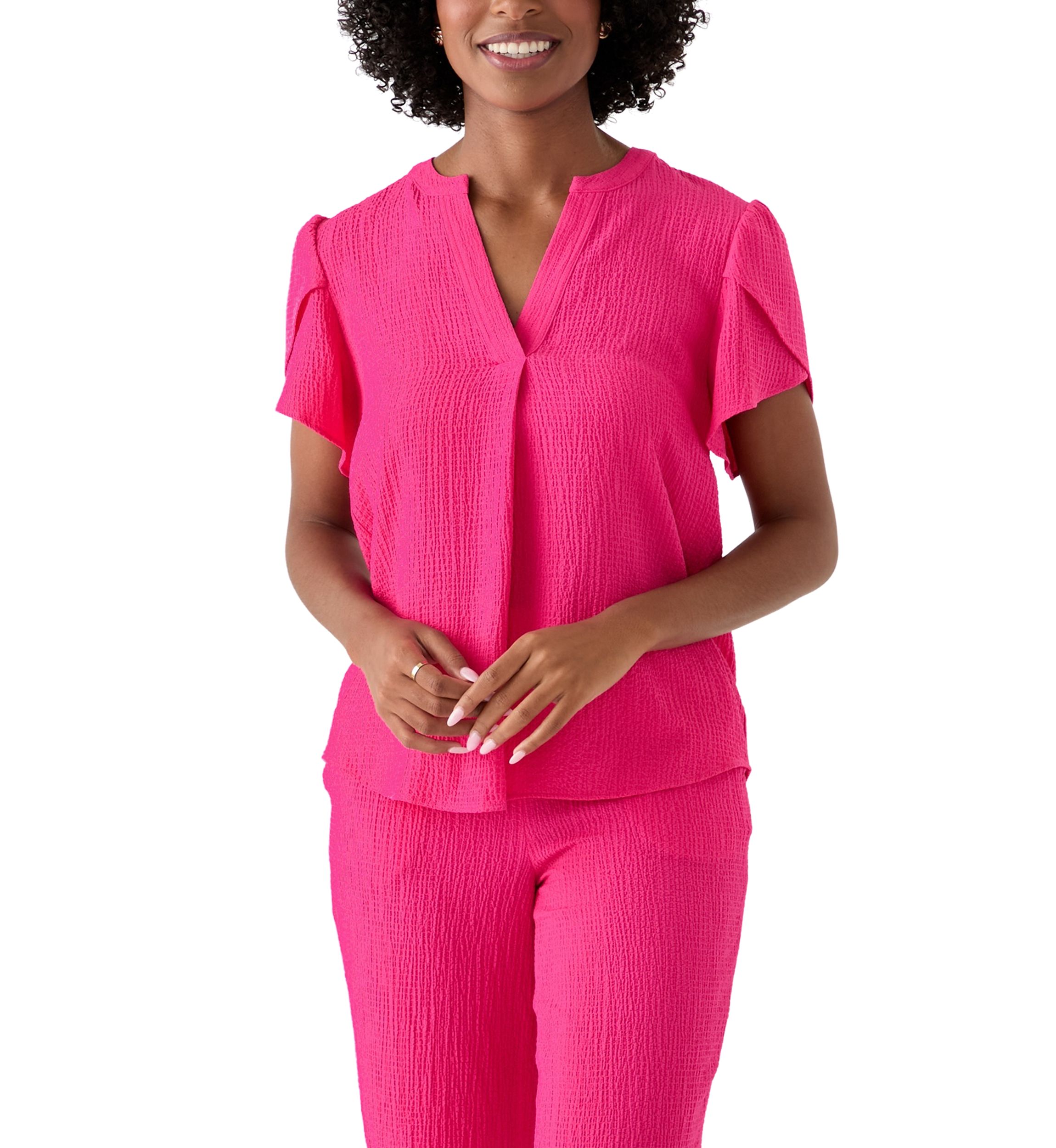 Womens Split Neck Tulip Sleeve Top
