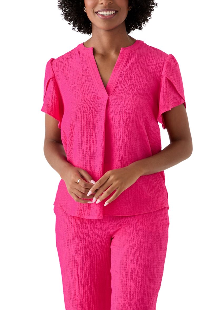 Womens Split Neck Tulip Sleeve Top