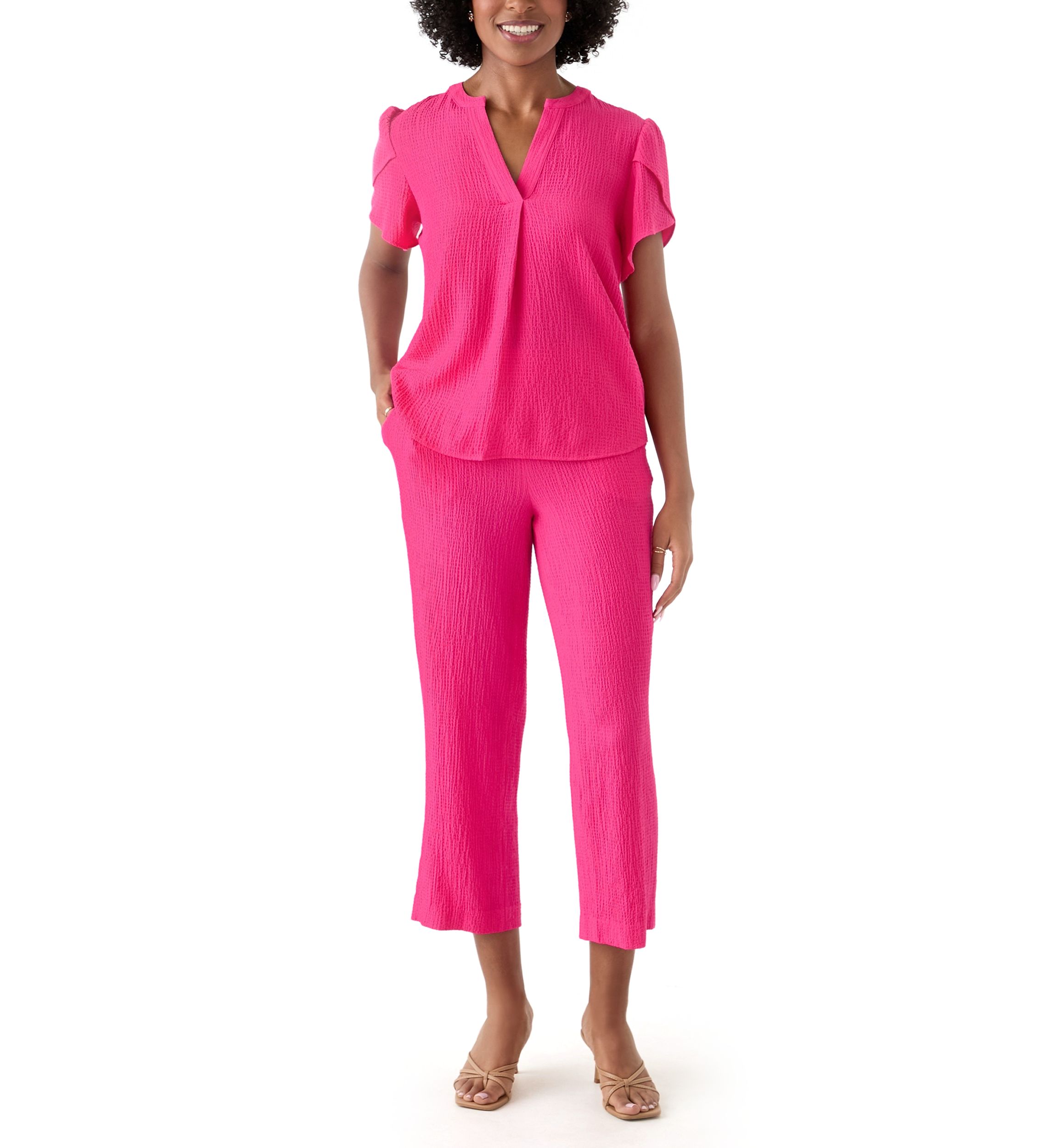Womens Split Neck Tulip Sleeve Top