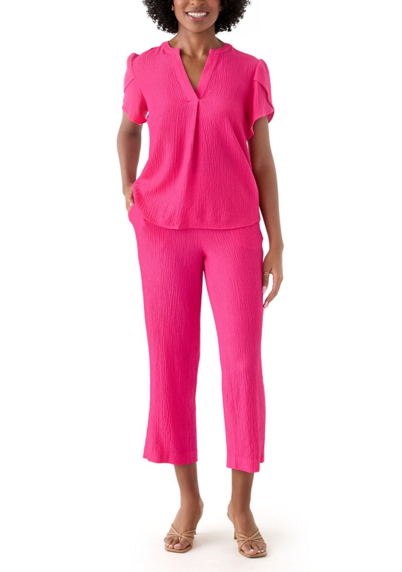 Womens Split Neck Tulip Sleeve Top