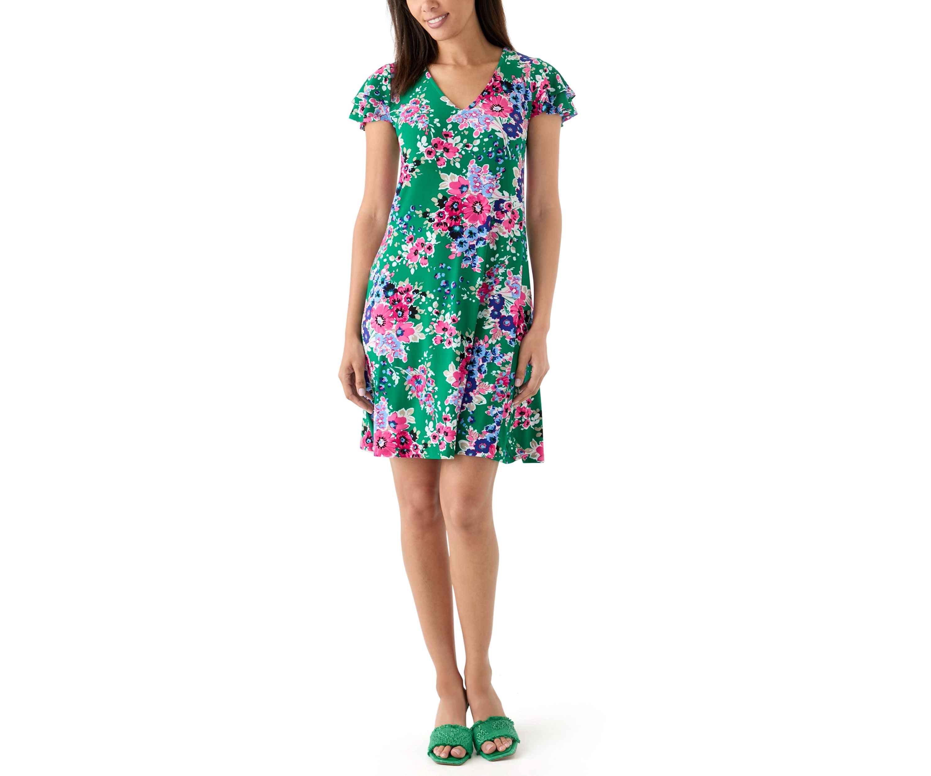 Womens Double Flutter Sleeve Printed Swing Dress