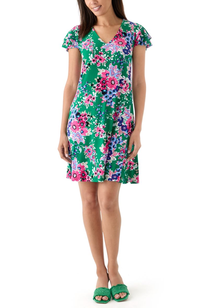Womens Double Flutter Sleeve Printed Swing Dress