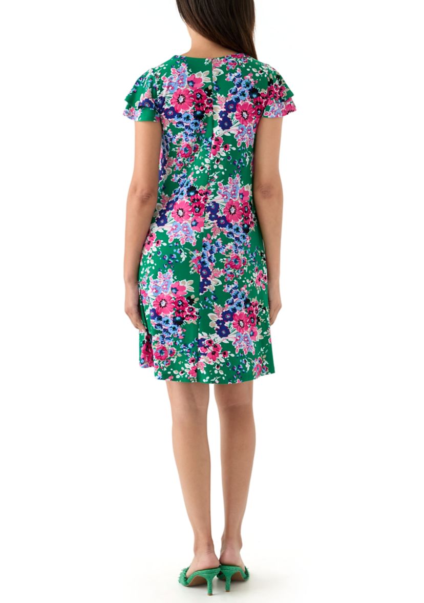 Womens Double Flutter Sleeve Printed Swing Dress