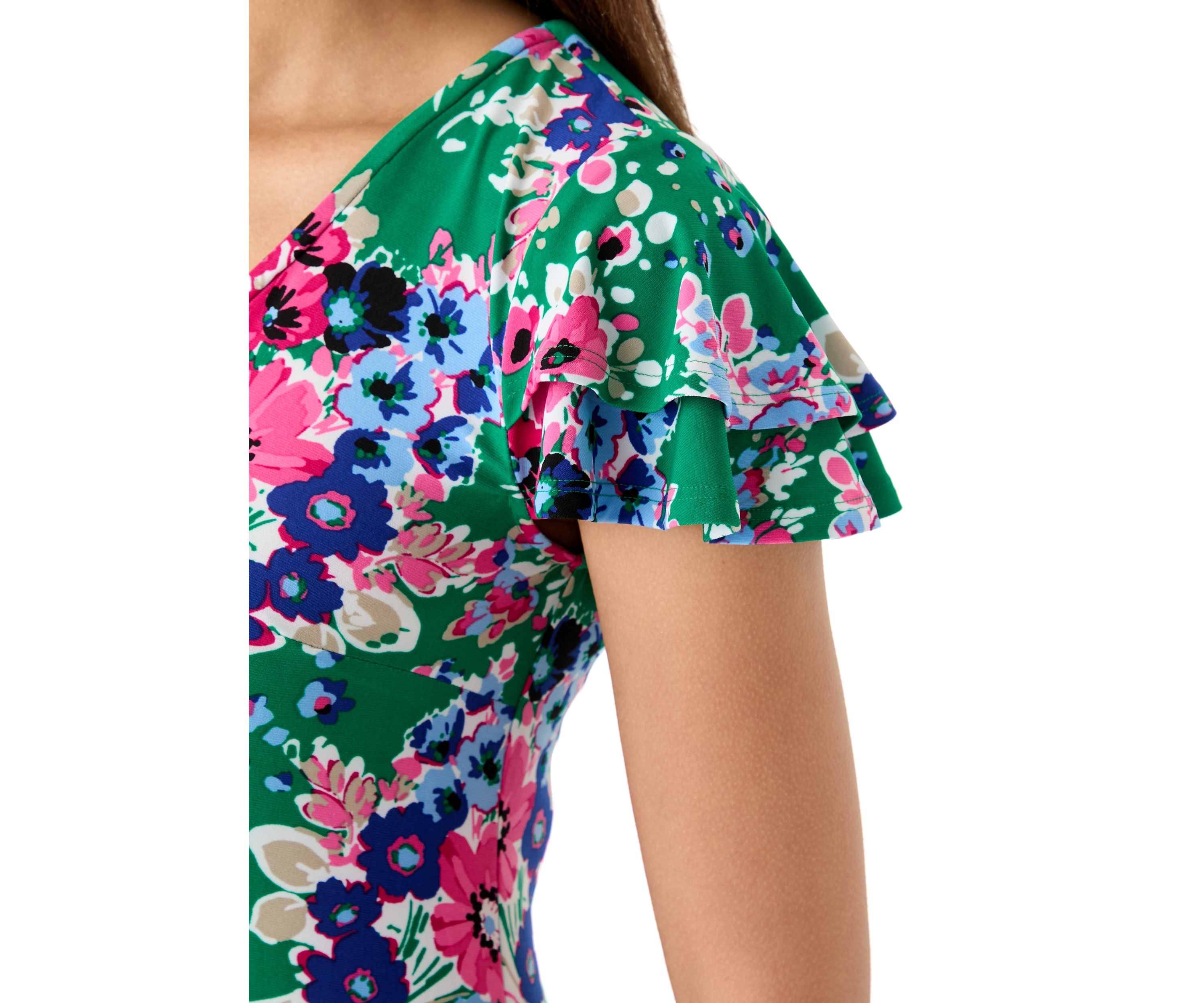 Womens Double Flutter Sleeve Printed Swing Dress