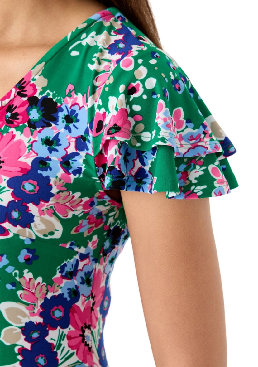 Womens Double Flutter Sleeve Printed Swing Dress
