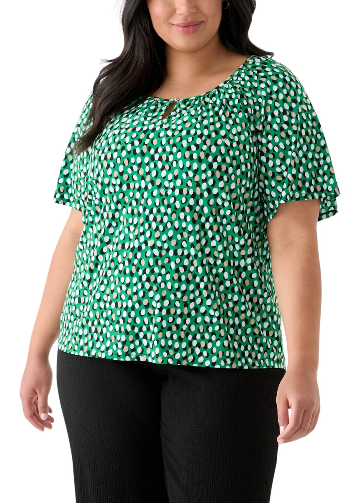Plus Size Elbow Sleeve Keyhole Peasant Top