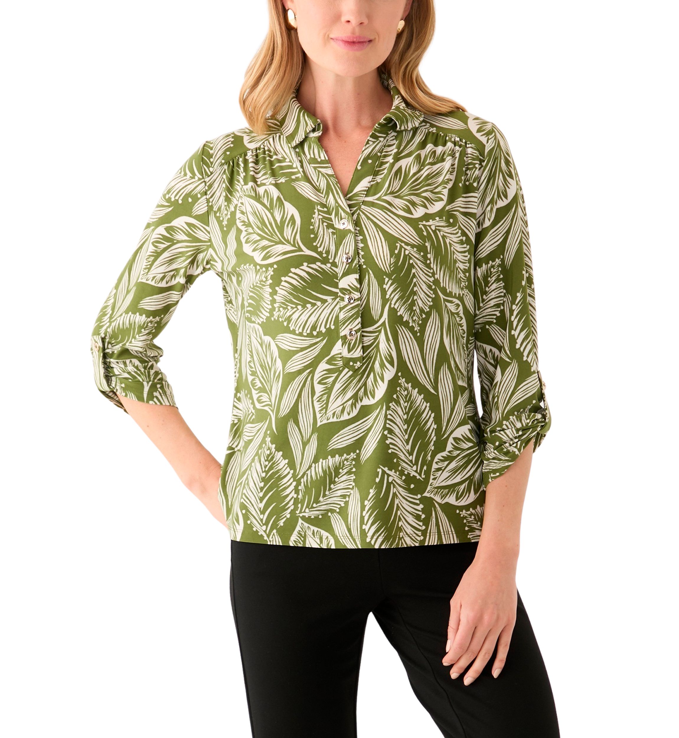 Petite 3/4 Roll Sleeve Printed Blouse