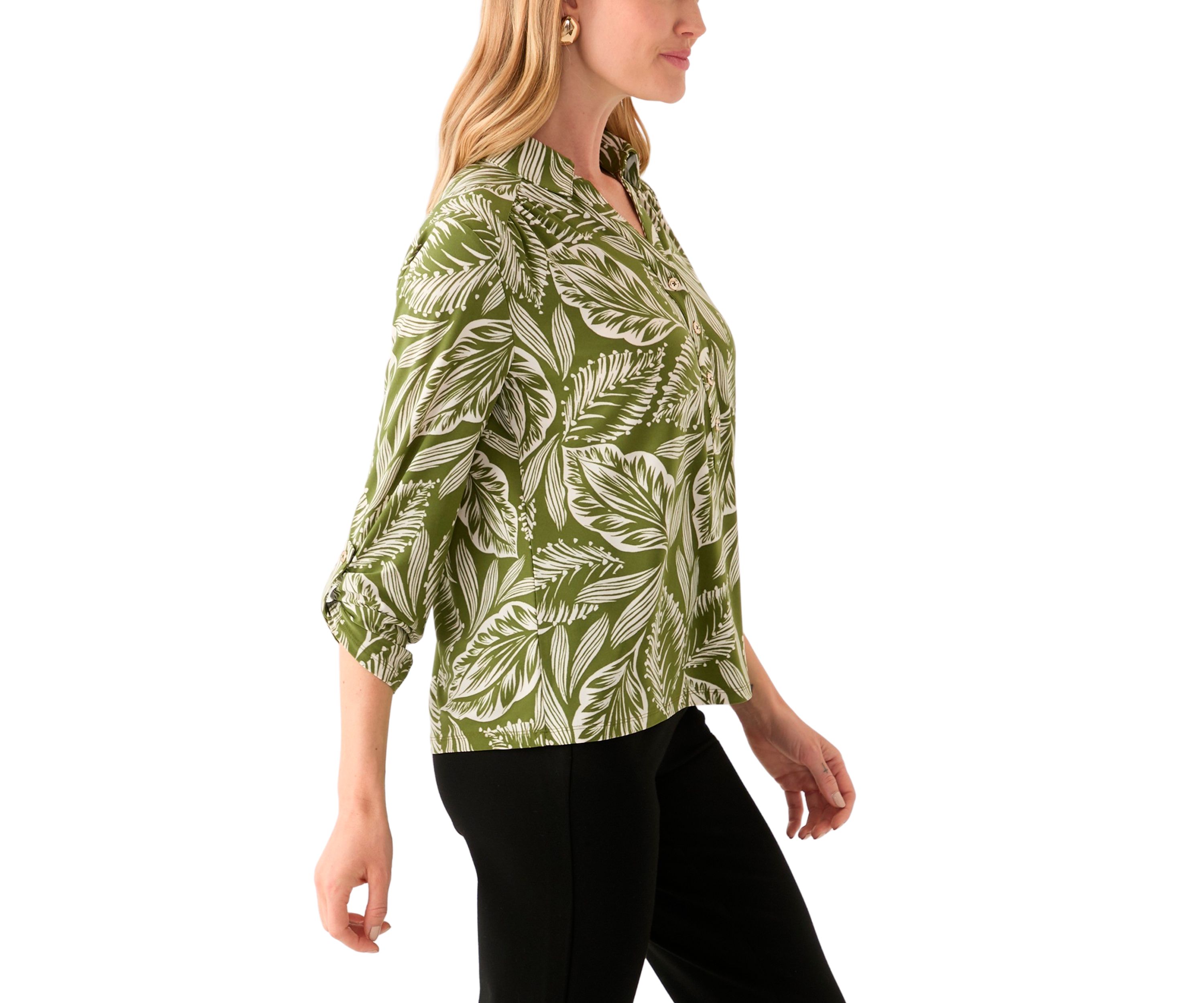 Petite 3/4 Roll Sleeve Printed Blouse