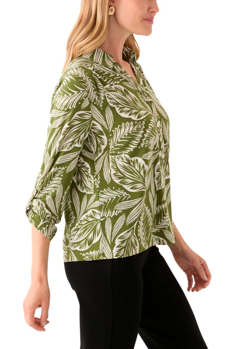 Petite 3/4 Roll Sleeve Printed Blouse