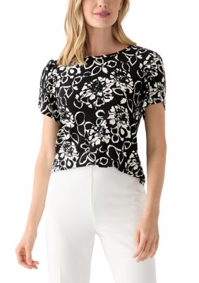 AK Anne Klein Women's Petite Tulip Sleeve Printed Top