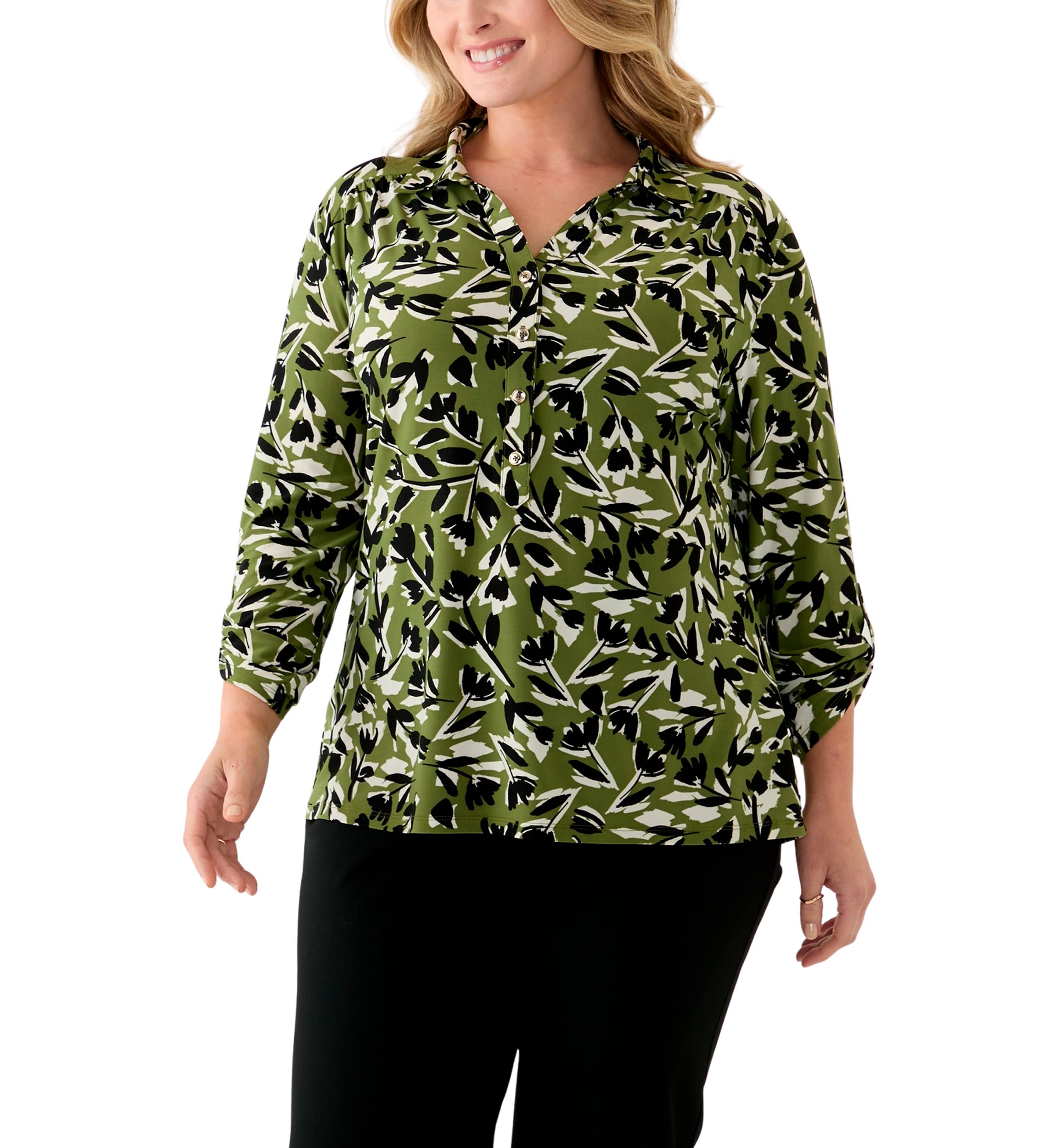 Plus Size 3/4 Sleeve Printed Button Down Shirt 