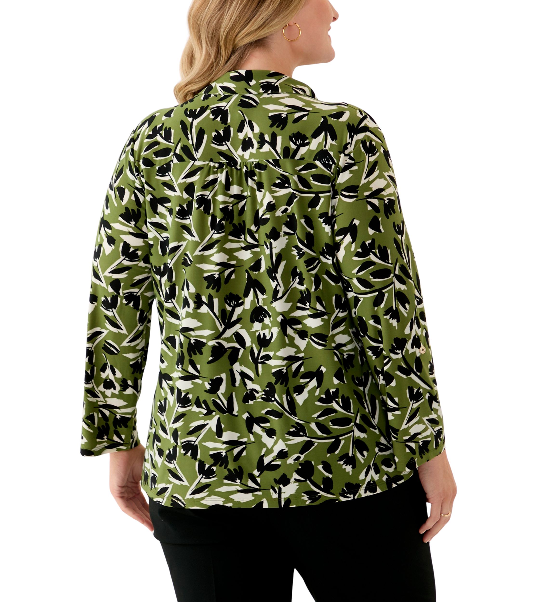 Plus Size 3/4 Sleeve Printed Button Down Shirt 
