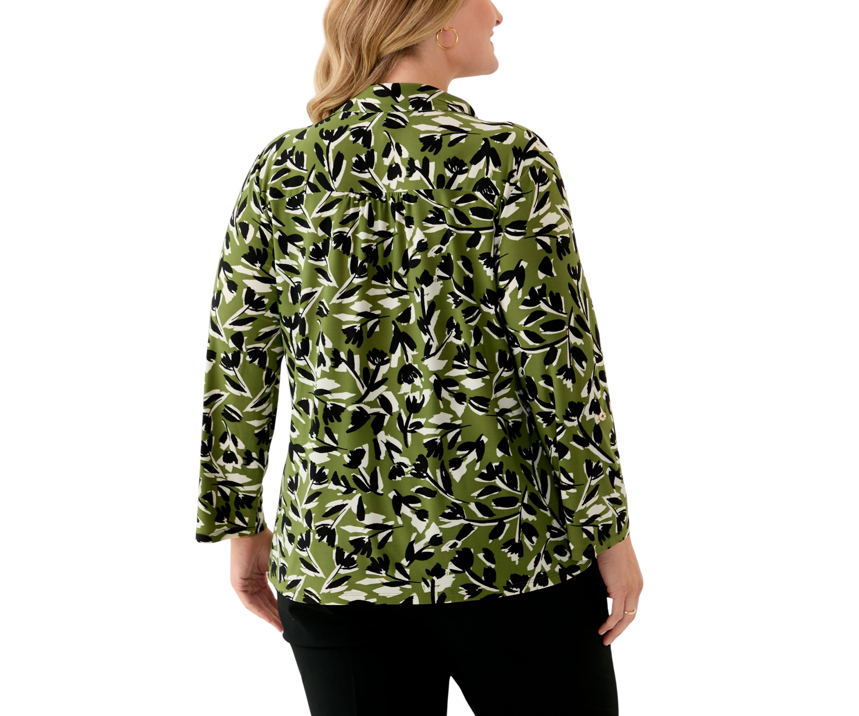 Plus Size 3/4 Sleeve Printed Button Down Shirt 