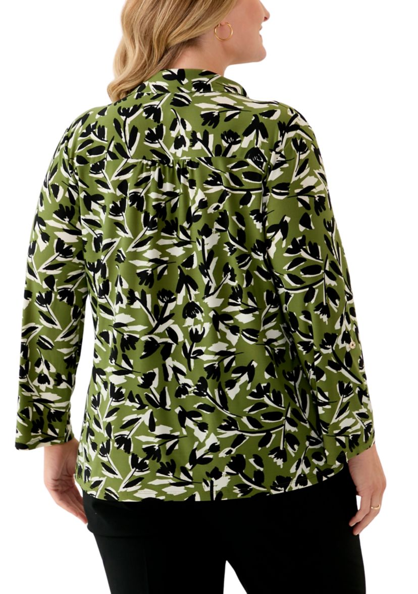 Plus Size 3/4 Sleeve Printed Button Down Shirt 