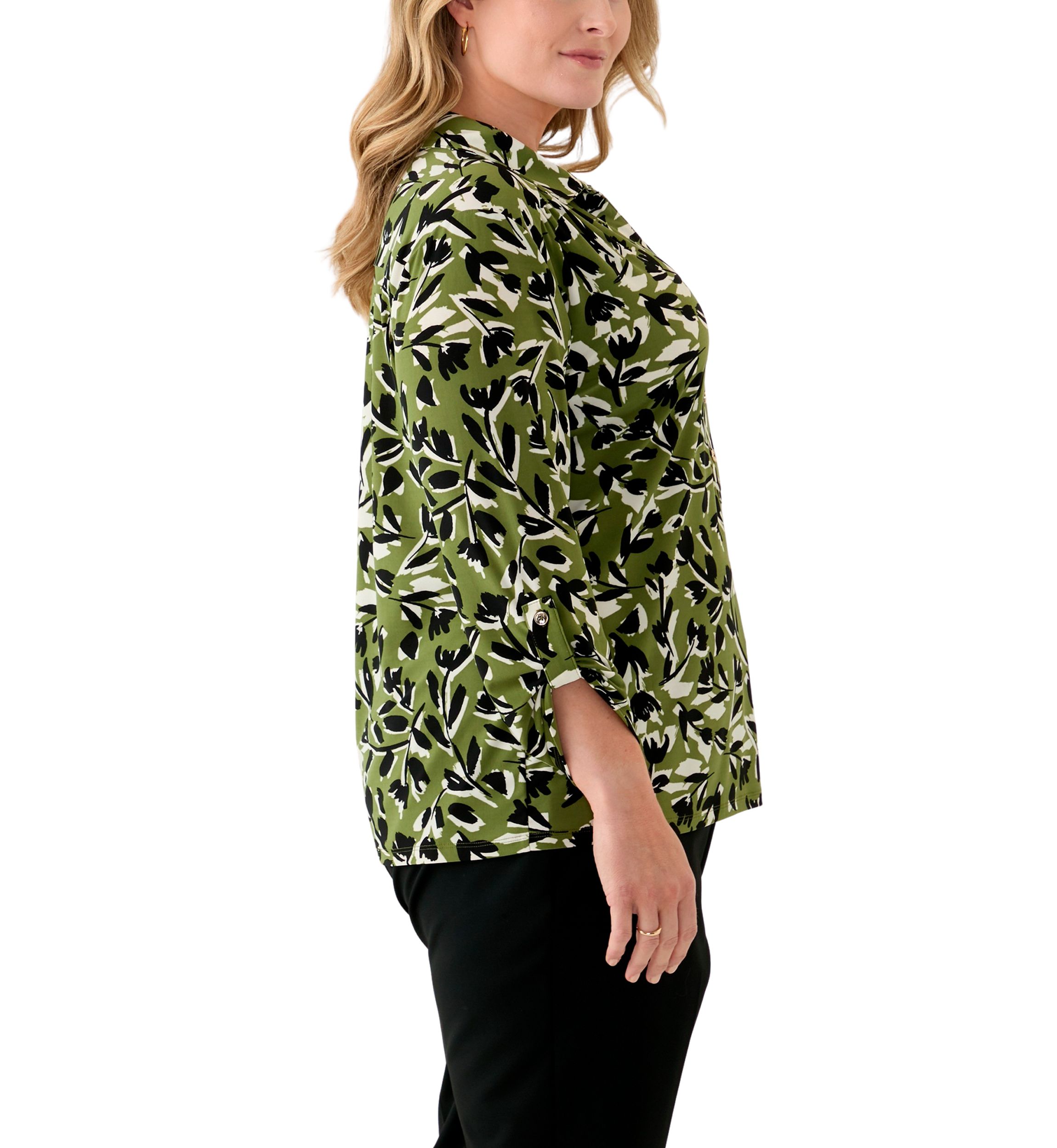 Plus Size 3/4 Sleeve Printed Button Down Shirt 