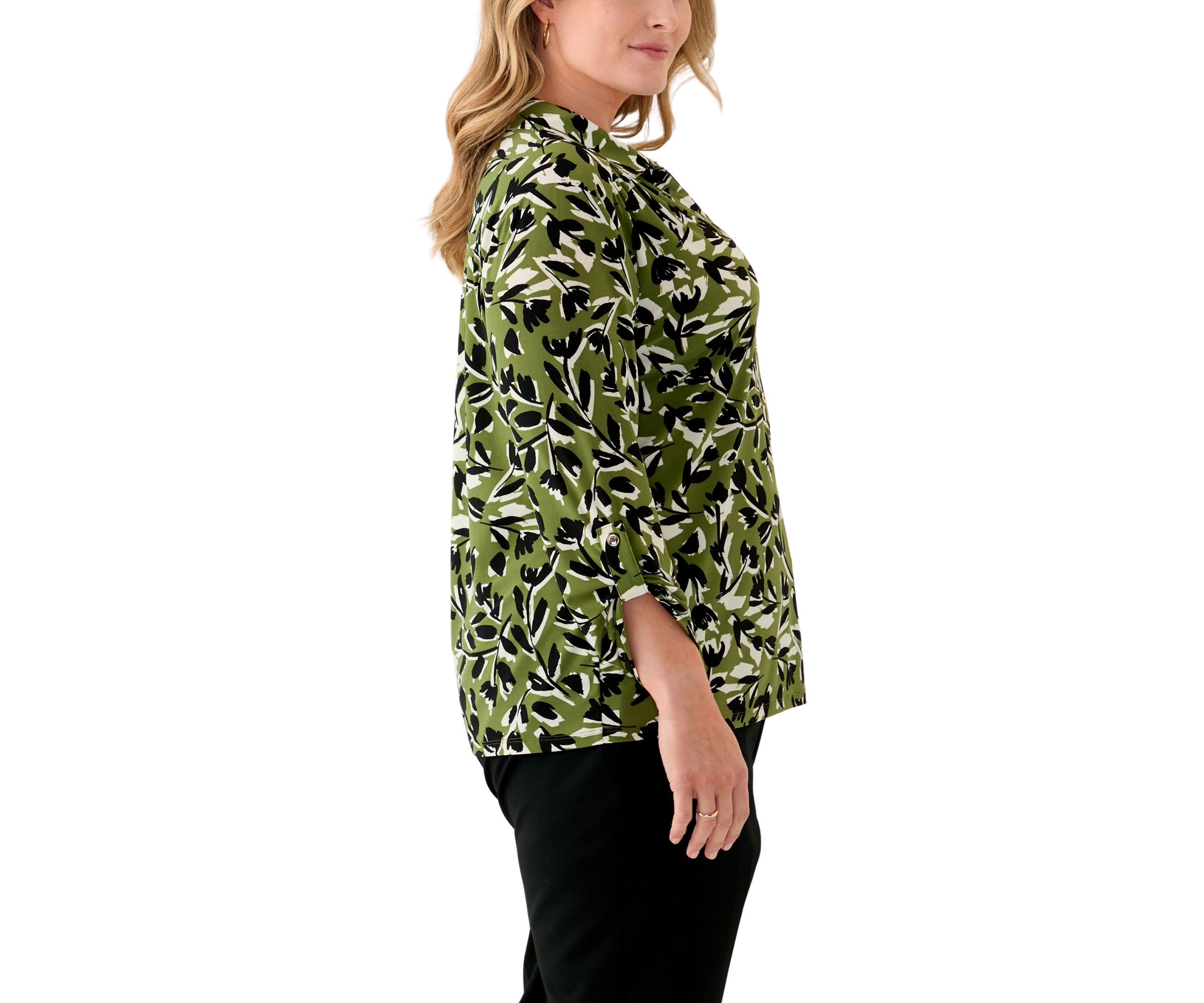 Plus Size 3/4 Sleeve Printed Button Down Shirt 