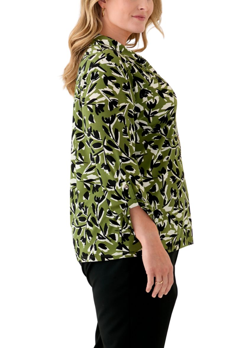 Plus Size 3/4 Sleeve Printed Button Down Shirt 