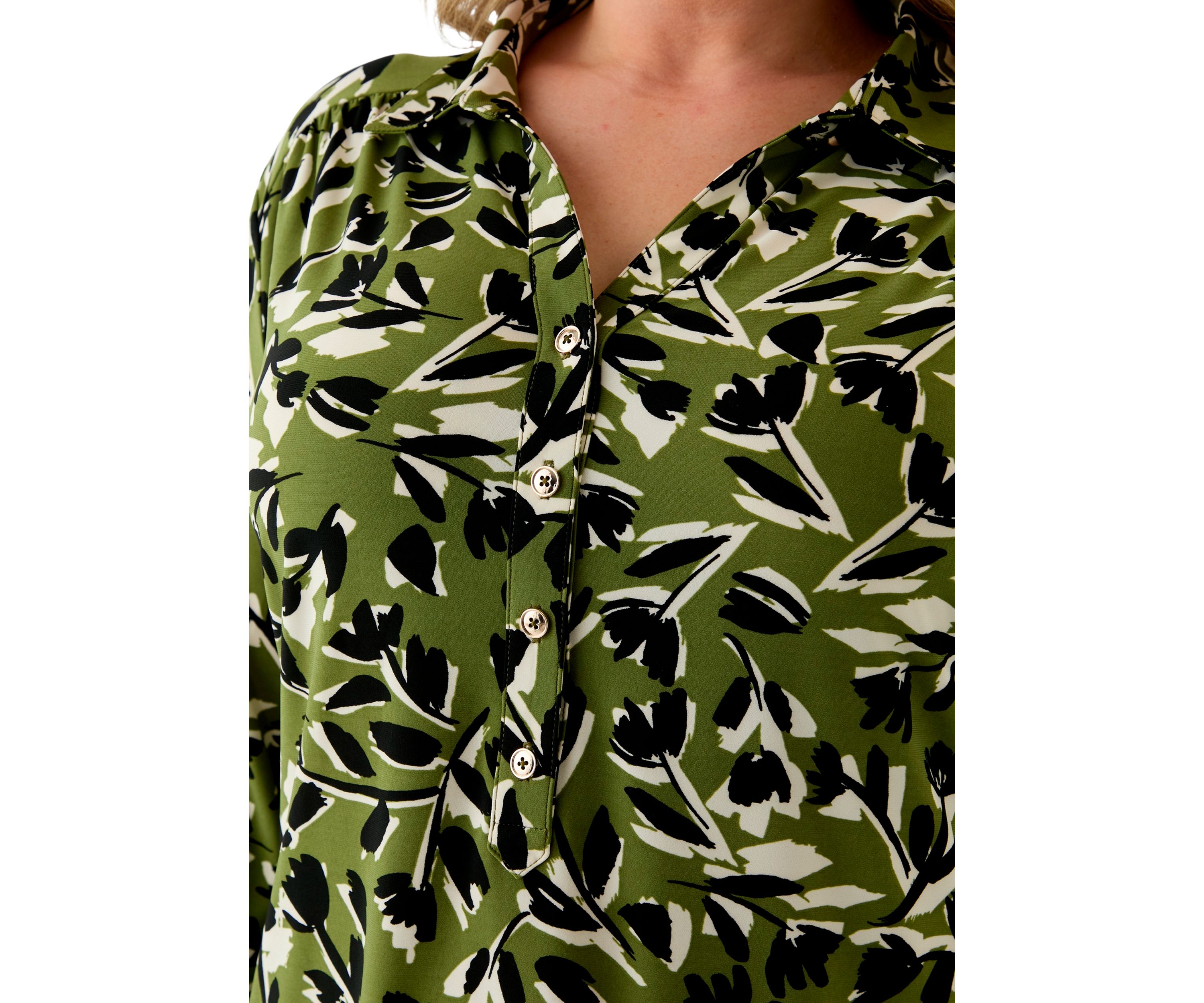 Plus Size 3/4 Sleeve Printed Button Down Shirt 