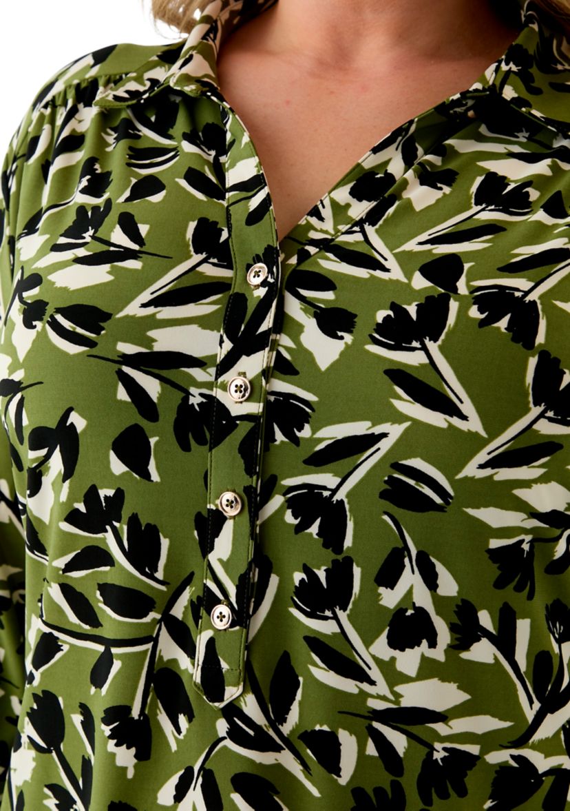 Plus Size 3/4 Sleeve Printed Button Down Shirt 