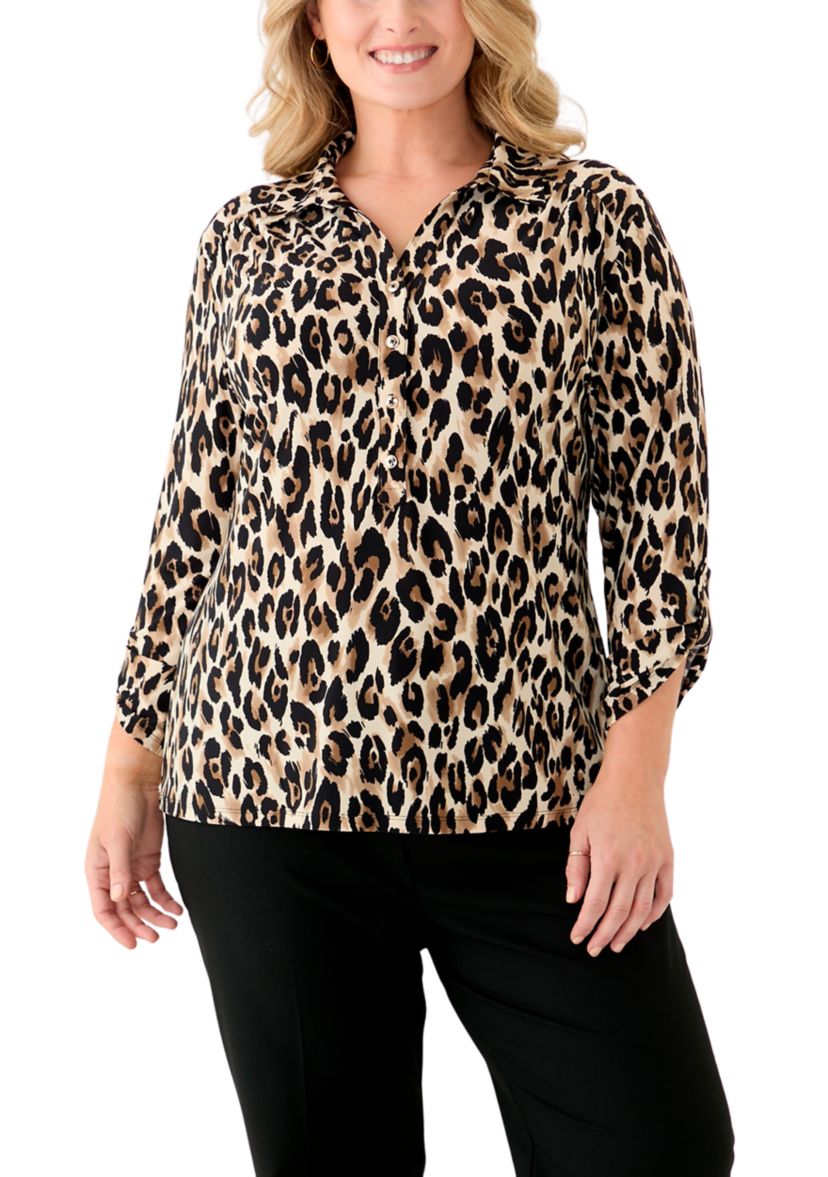 Plus Size 3/4 Sleeve Button Down Blouse