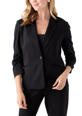 AK Anne Klein Women's Petite Scrunched Sleeves Ponte Jacket, Black, PS