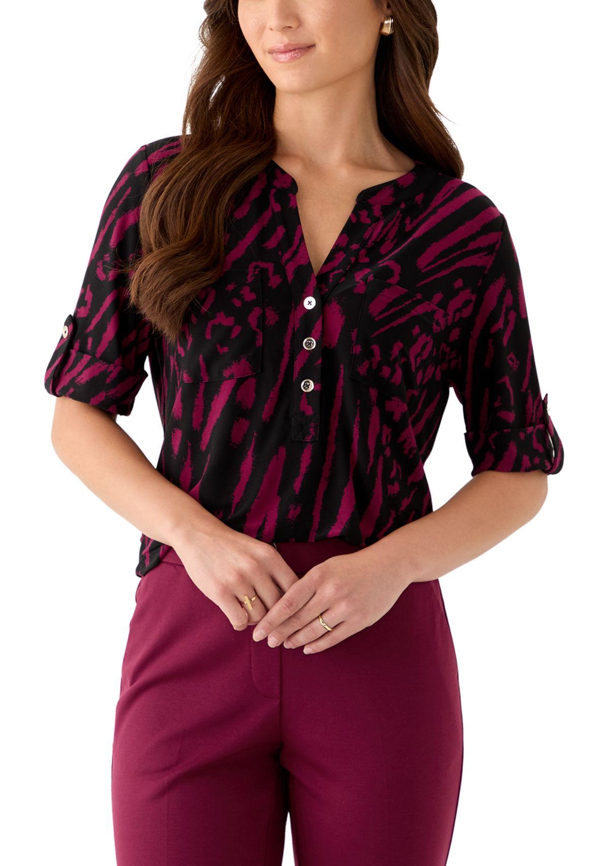 Petite Printed Button-Front Shirt with Roll-Tab Sleeves