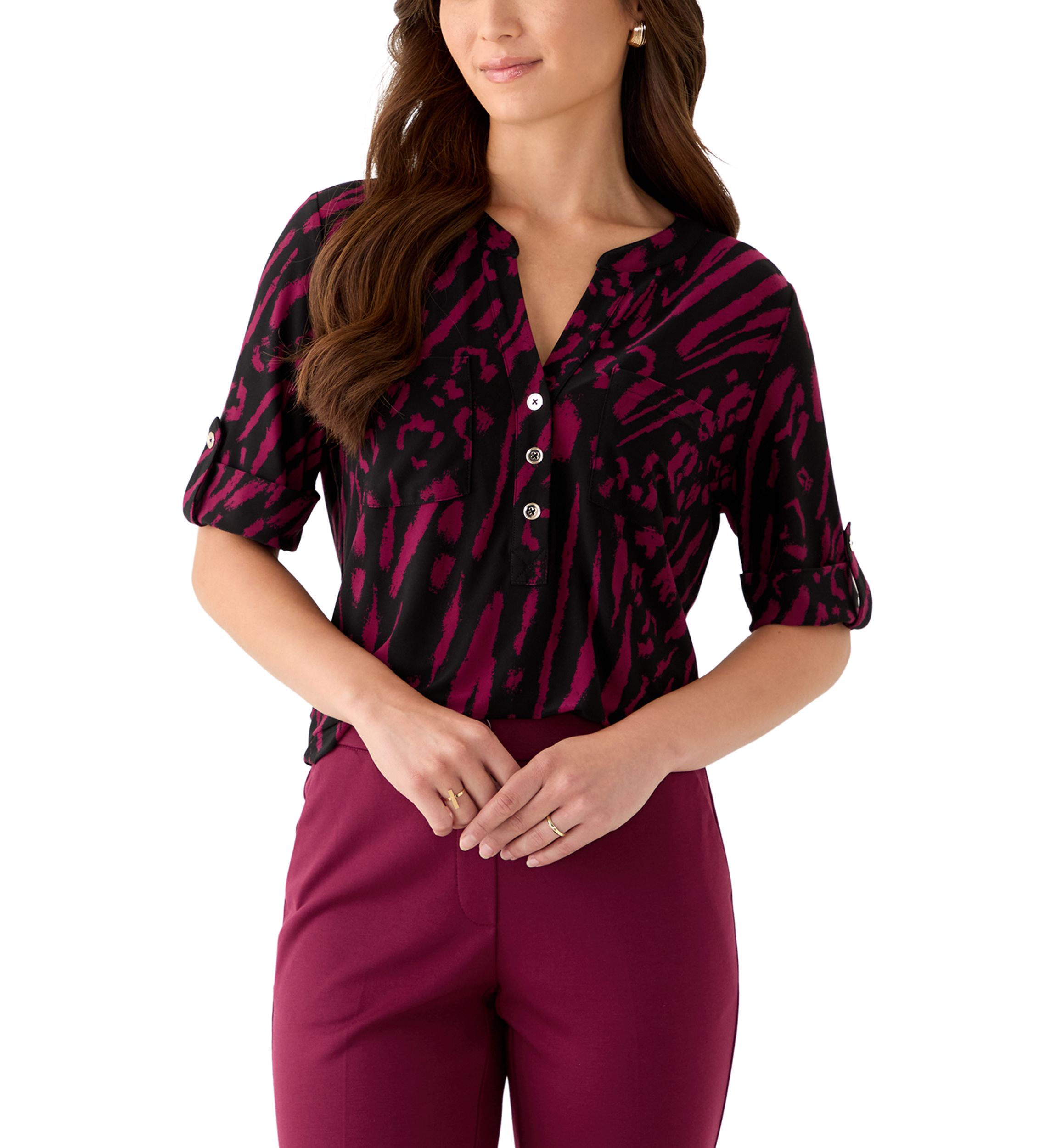 Petite Printed Button-Front Shirt with Roll-Tab Sleeves