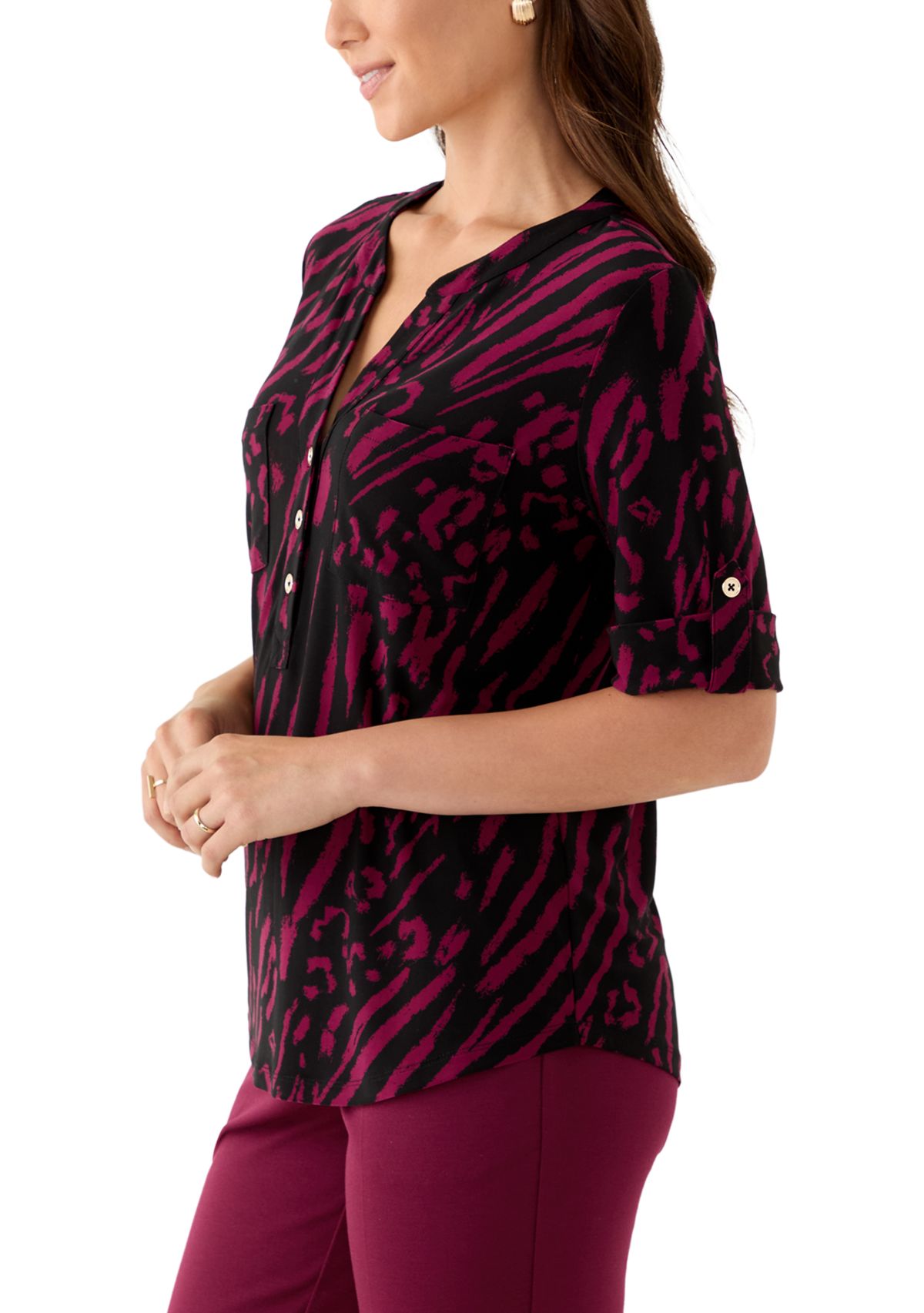 Petite Printed Button-Front Shirt with Roll-Tab Sleeves