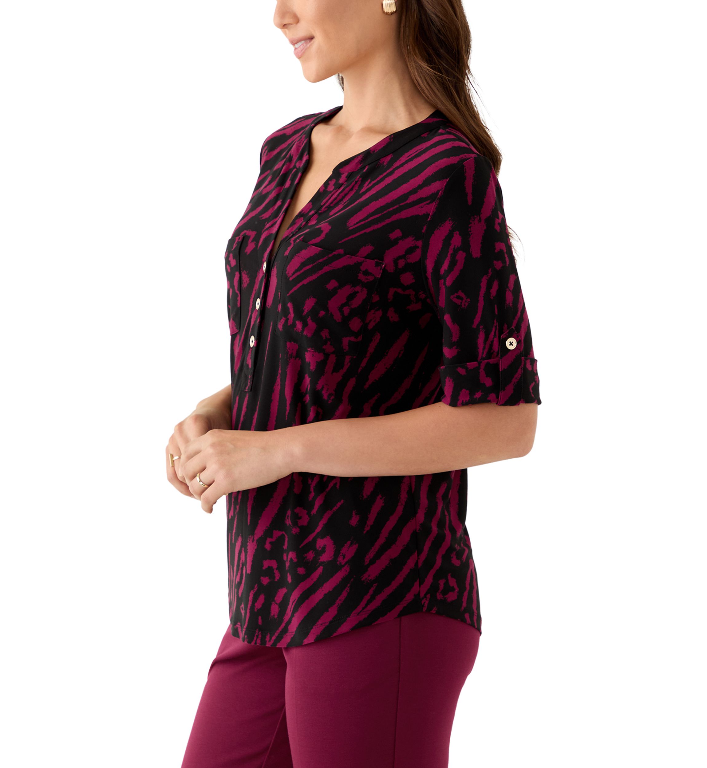 Petite Printed Button-Front Shirt with Roll-Tab Sleeves