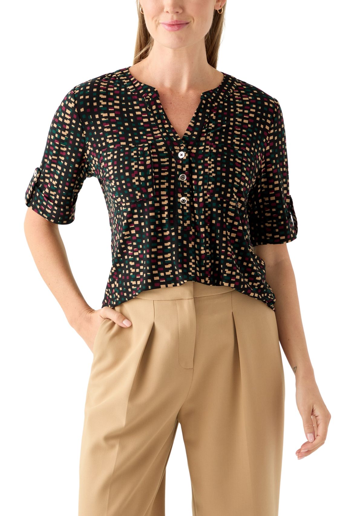 Petite Elbow Sleeve Button Neck Shirt