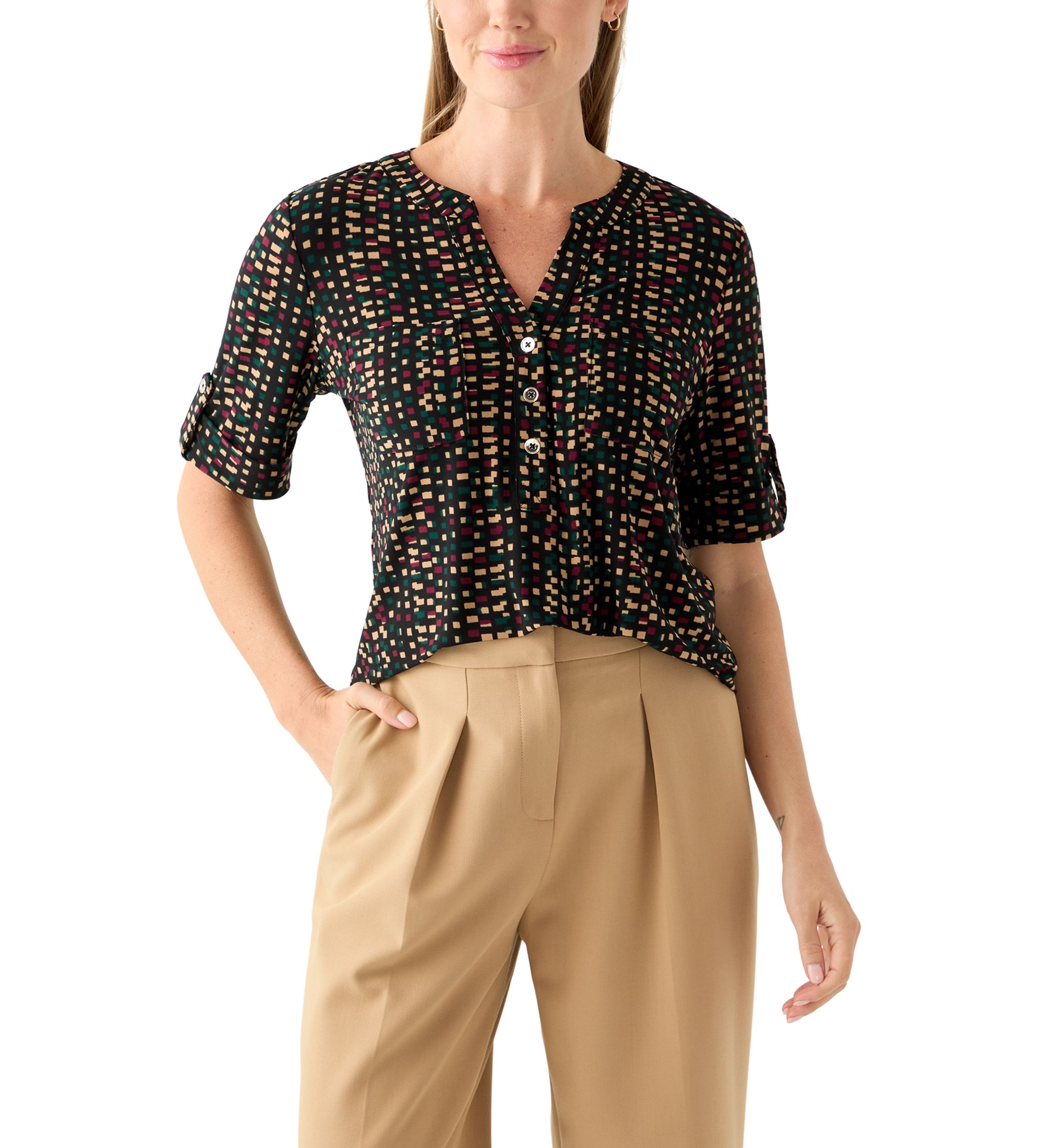 Petite Elbow Sleeve Button Neck Shirt
