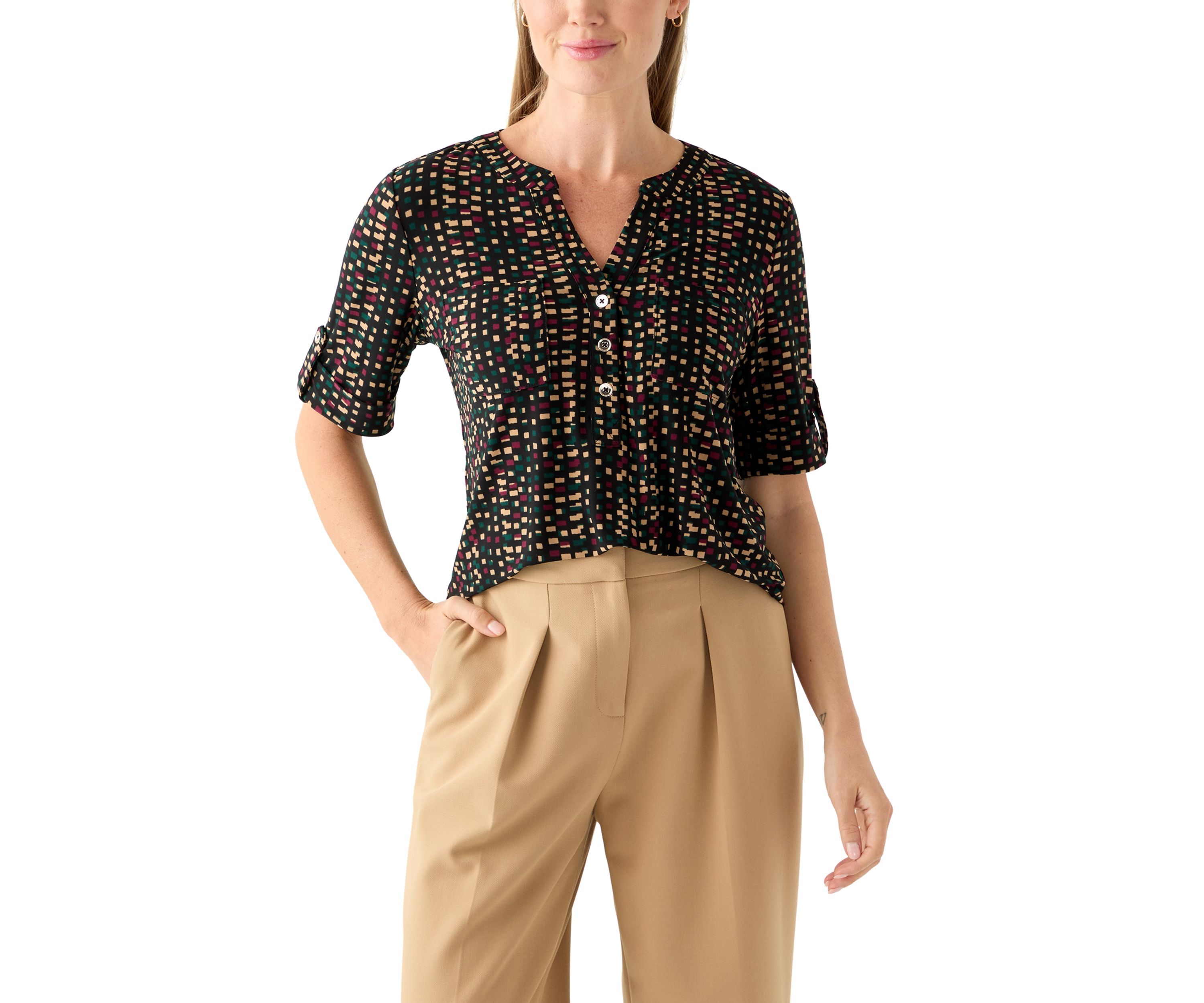 Petite Elbow Sleeve Button Neck Shirt