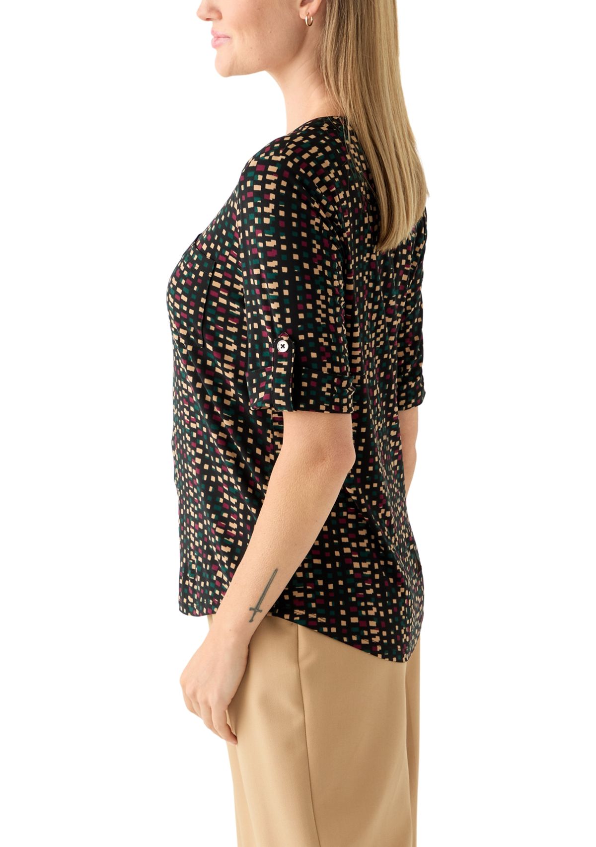 Petite Elbow Sleeve Button Neck Shirt