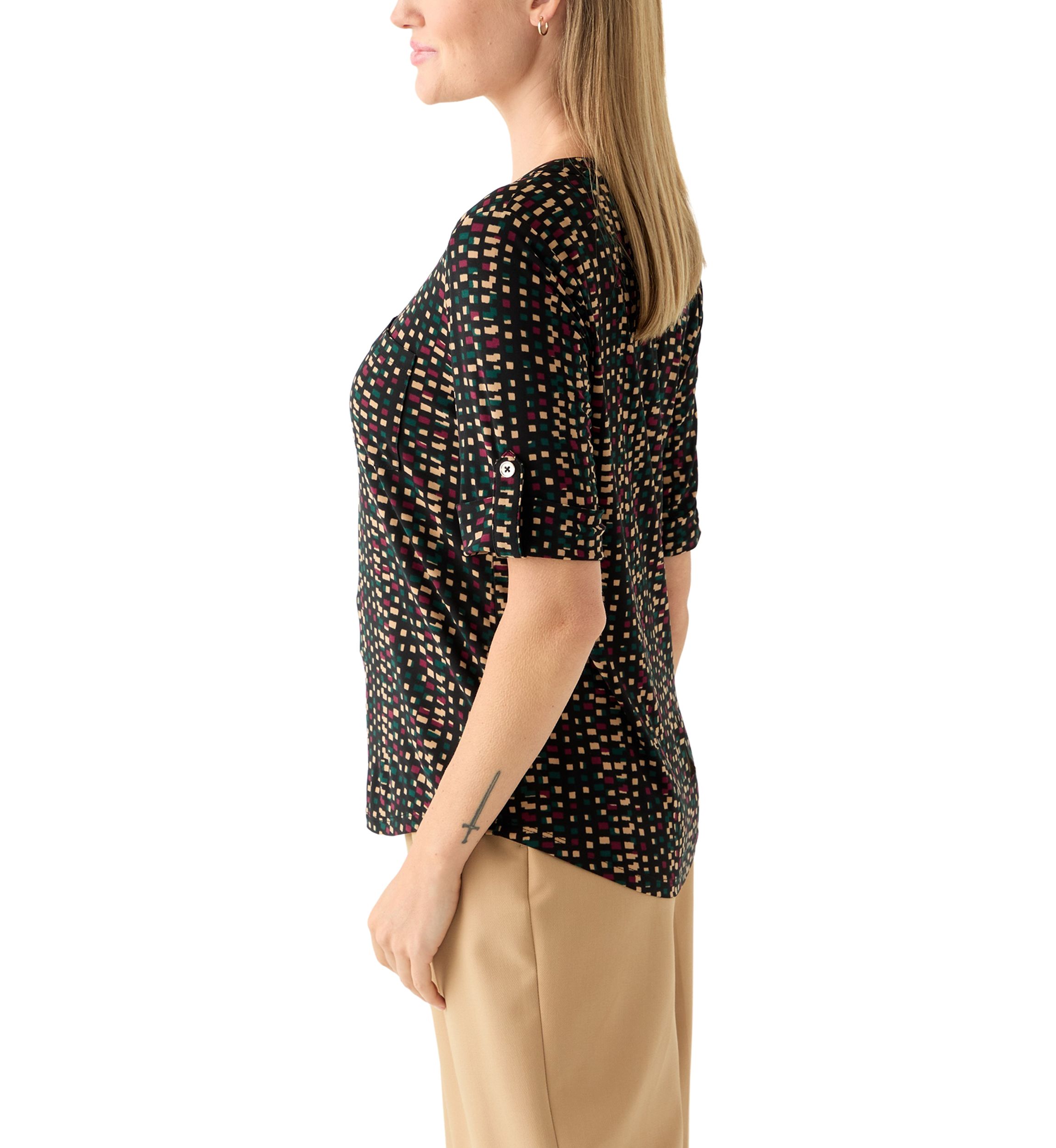 Petite Elbow Sleeve Button Neck Shirt