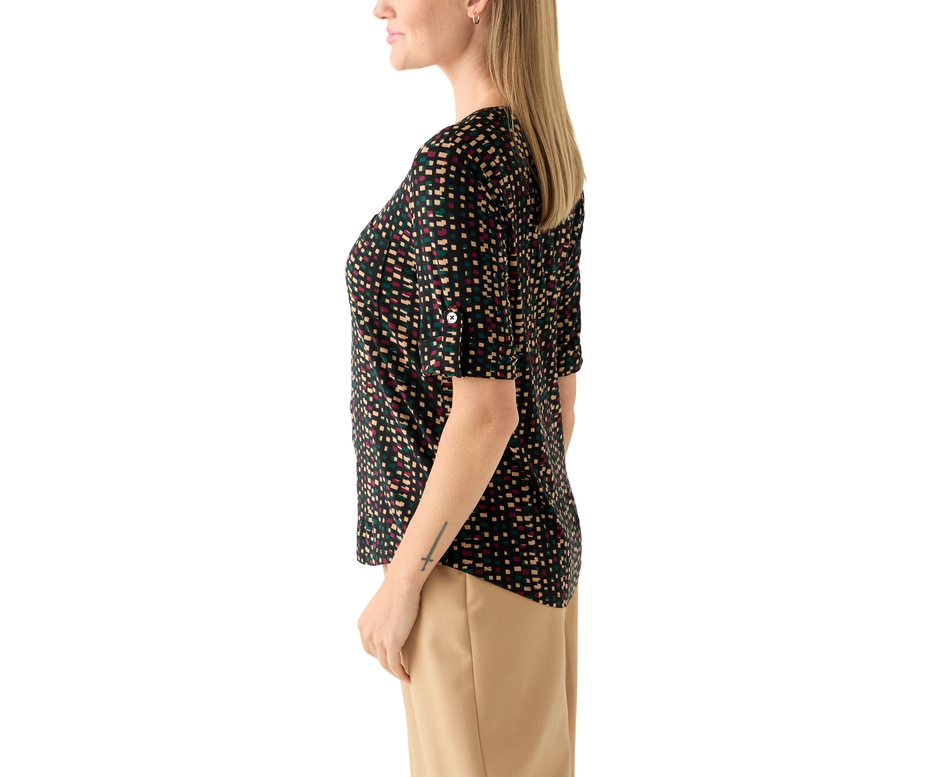 Petite Elbow Sleeve Button Neck Shirt