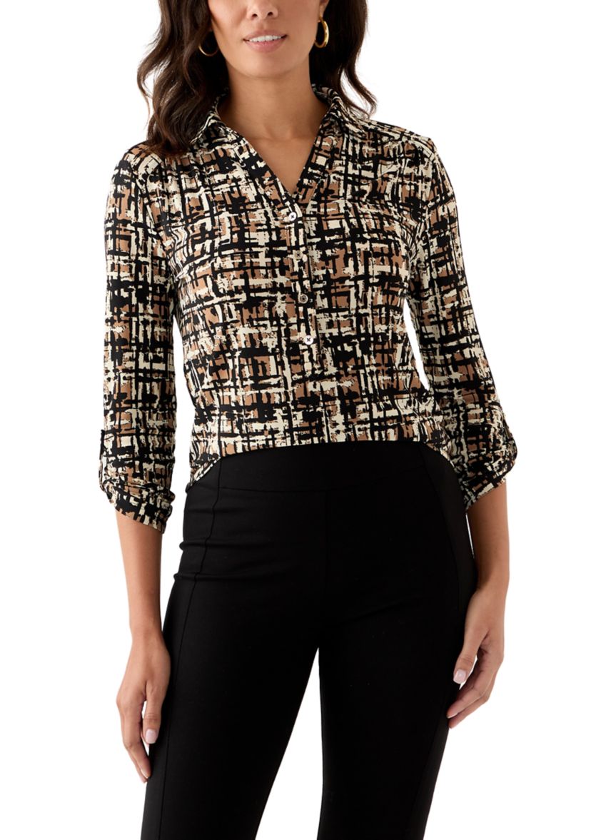 Womens 3/4 Roll-Tab Sleeve Printed Button Down Shirt