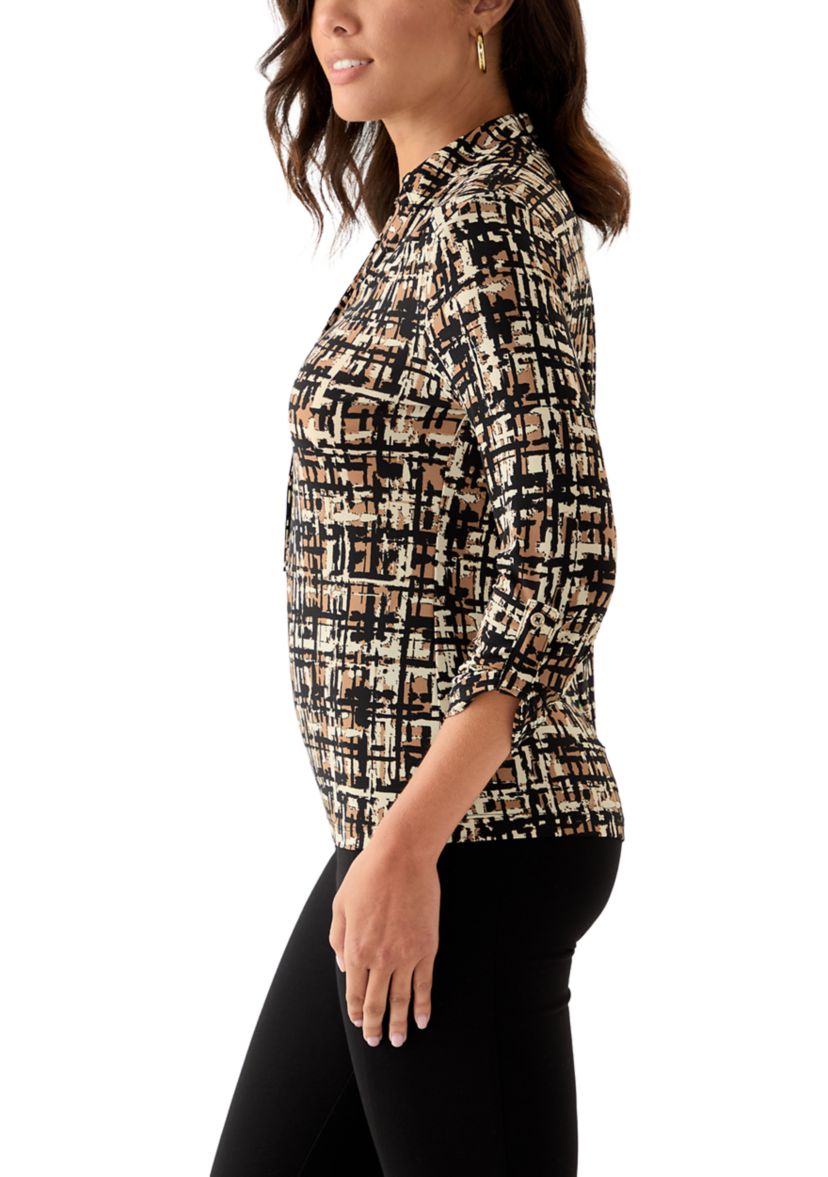 Womens 3/4 Roll-Tab Sleeve Printed Button Down Shirt