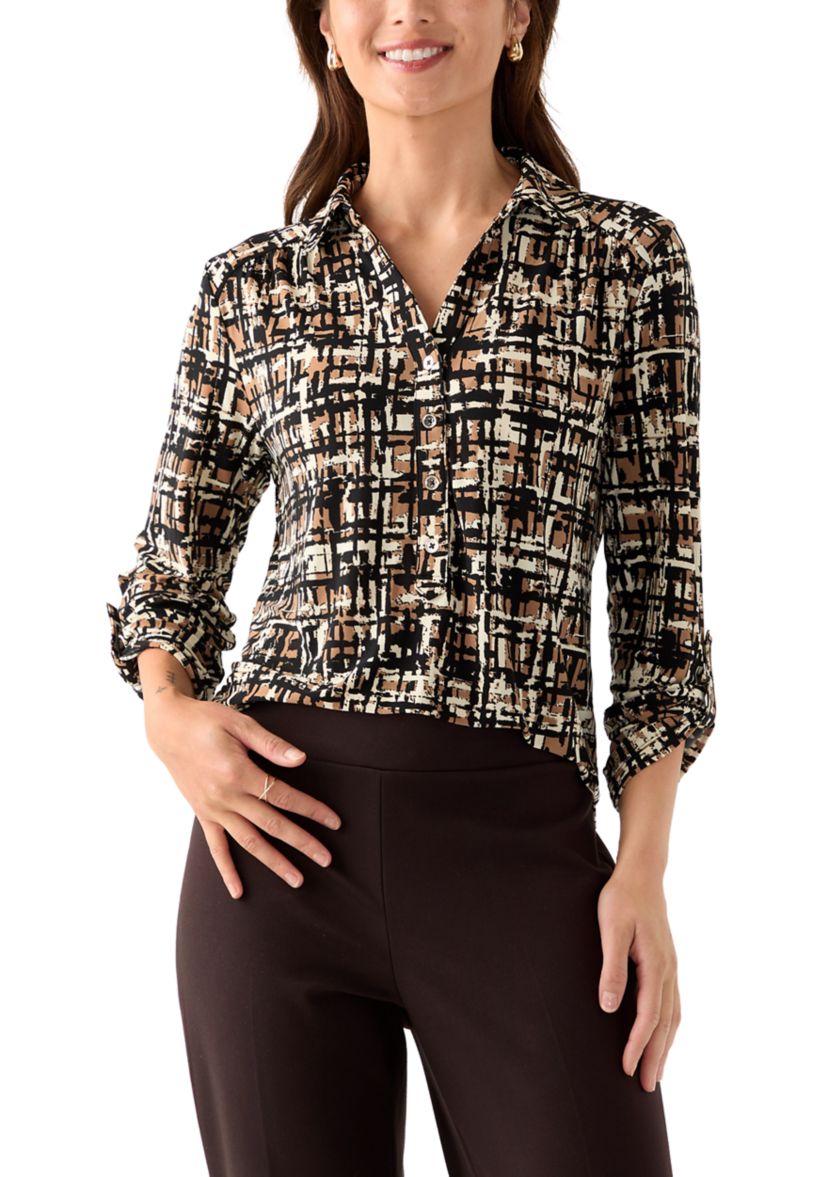 Petite 3/4 Scrunched Sleeve Printed Button Down Shirt