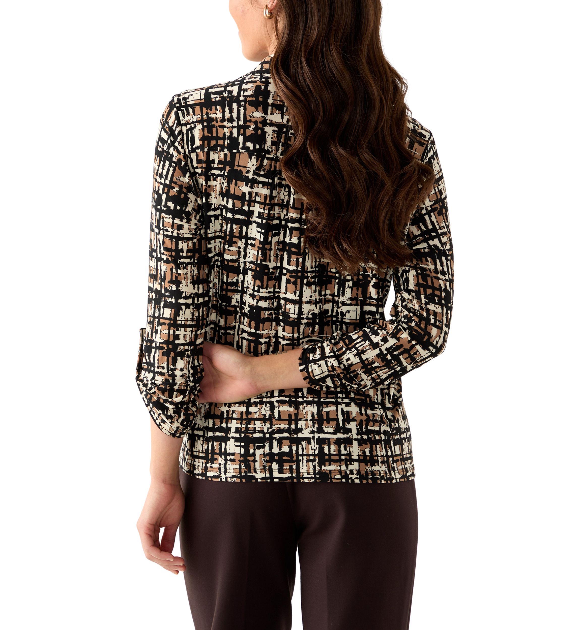 Petite 3/4 Scrunched Sleeve Printed Button Down Shirt