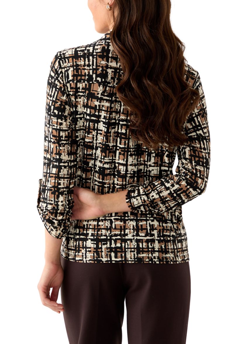 Petite 3/4 Scrunched Sleeve Printed Button Down Shirt