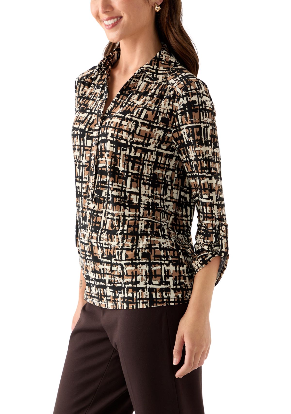 Petite 3/4 Scrunched Sleeve Printed Button Down Shirt