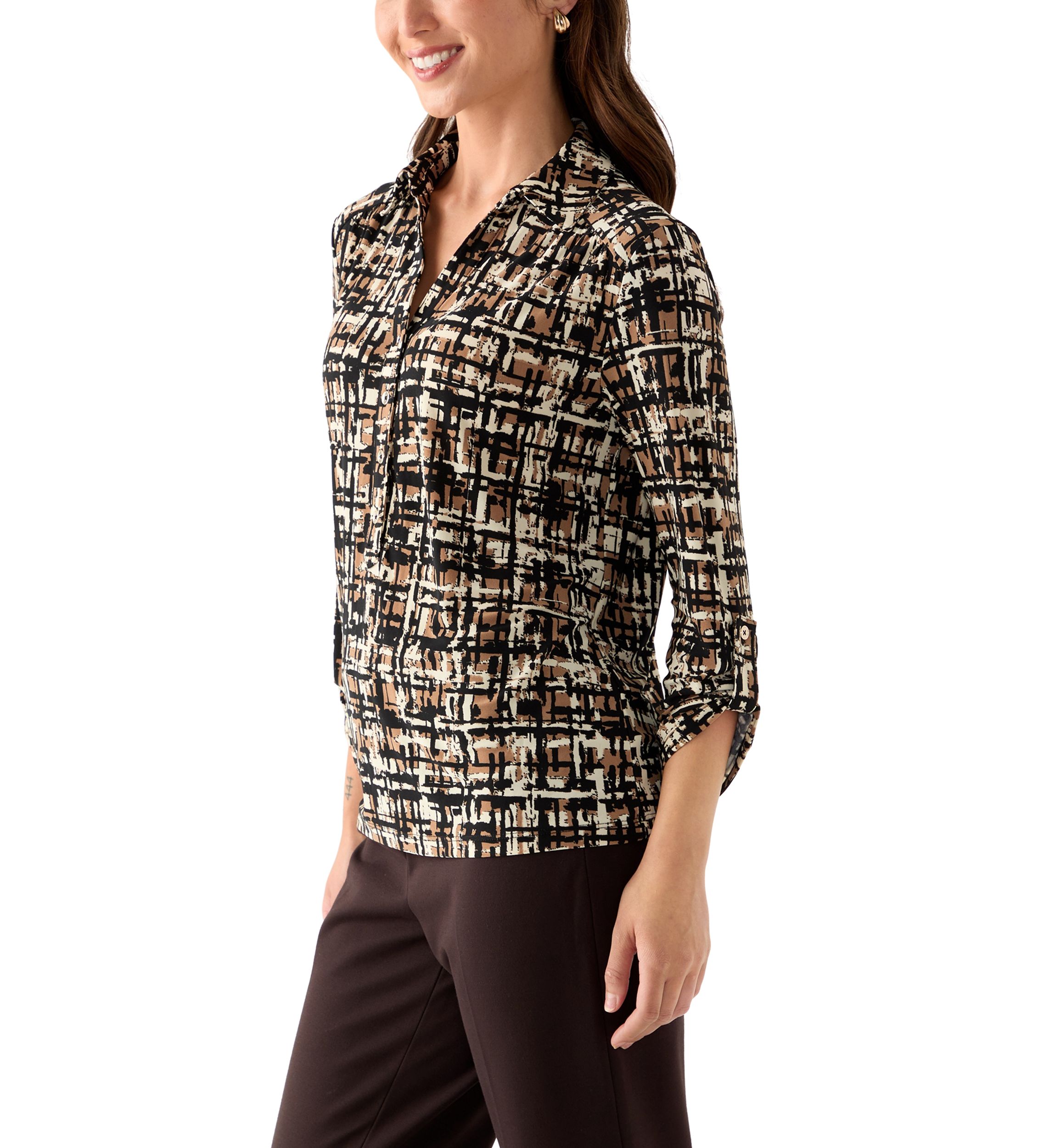 Petite 3/4 Scrunched Sleeve Printed Button Down Shirt